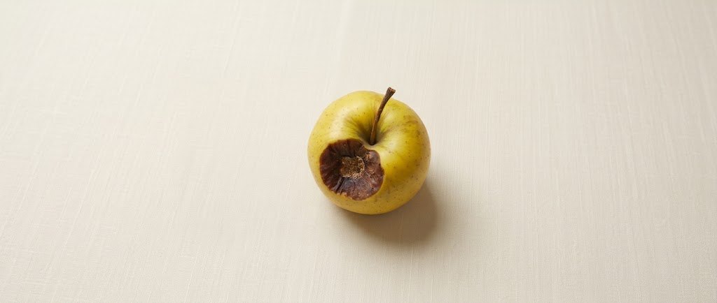 A yellow apple with a dark rotten patch on its side, on a cream linen cloth