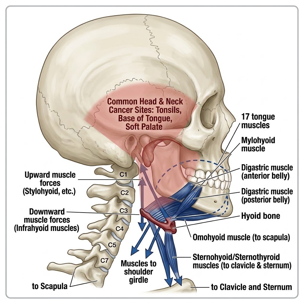 Head and neck anatomy showing the hyoid, infrahyoid muscles and common head and neck cancer sites
